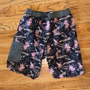 Patagonia Kids Swim Shorts with Black and Pink Floral Pattern
